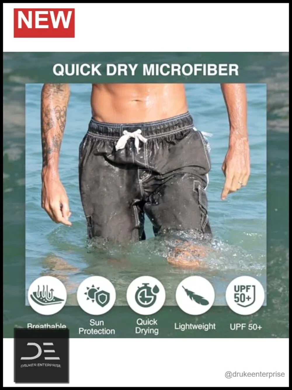UPF 50+ Quick Dry Microfiber Swim Trunks with Pockets & Mesh Lining